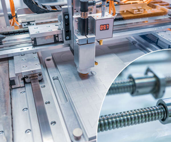 CNC-maskin som bearbetar metallplåt med fleraxligt linjärsystem och infälld bild på en kulskruvsenhet.