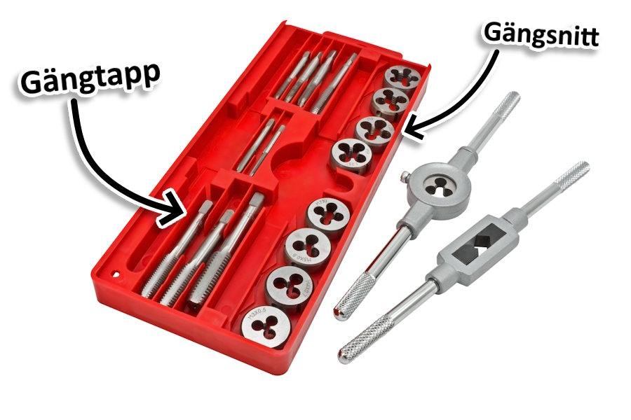 Ett absolut måste att ha med sig i verktygsväskan, på verkstaden eller i garaget! En sådan här sats med handverktyg i form av gäntappar och gängsnitt kan vara räddaren i nöden när gängan blir sliten!